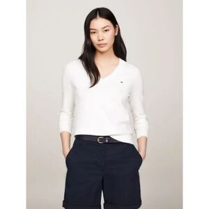 Tommy Hilfiger Jersey V-Neck Sweater Women's M Long Sleeve White Casual